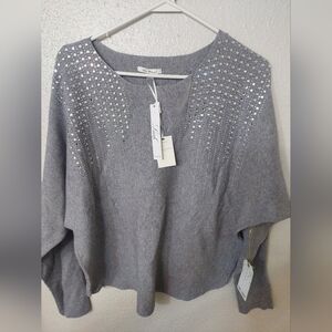 Sophie B Gray Crew Neck Sweater with Rhinestone Embellishments